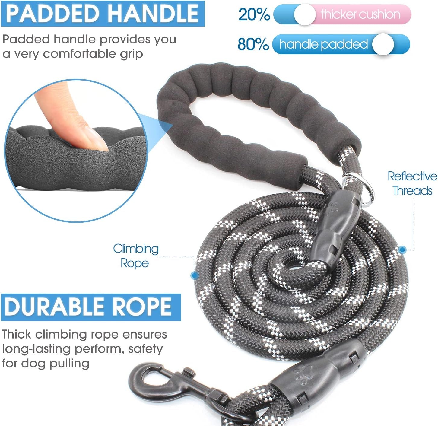 2-Pack 5/6 FT Premium Dog Leash Set with Padded Handle and Reflective Threads - Perfect for All Dog Sizes (Black & Black)