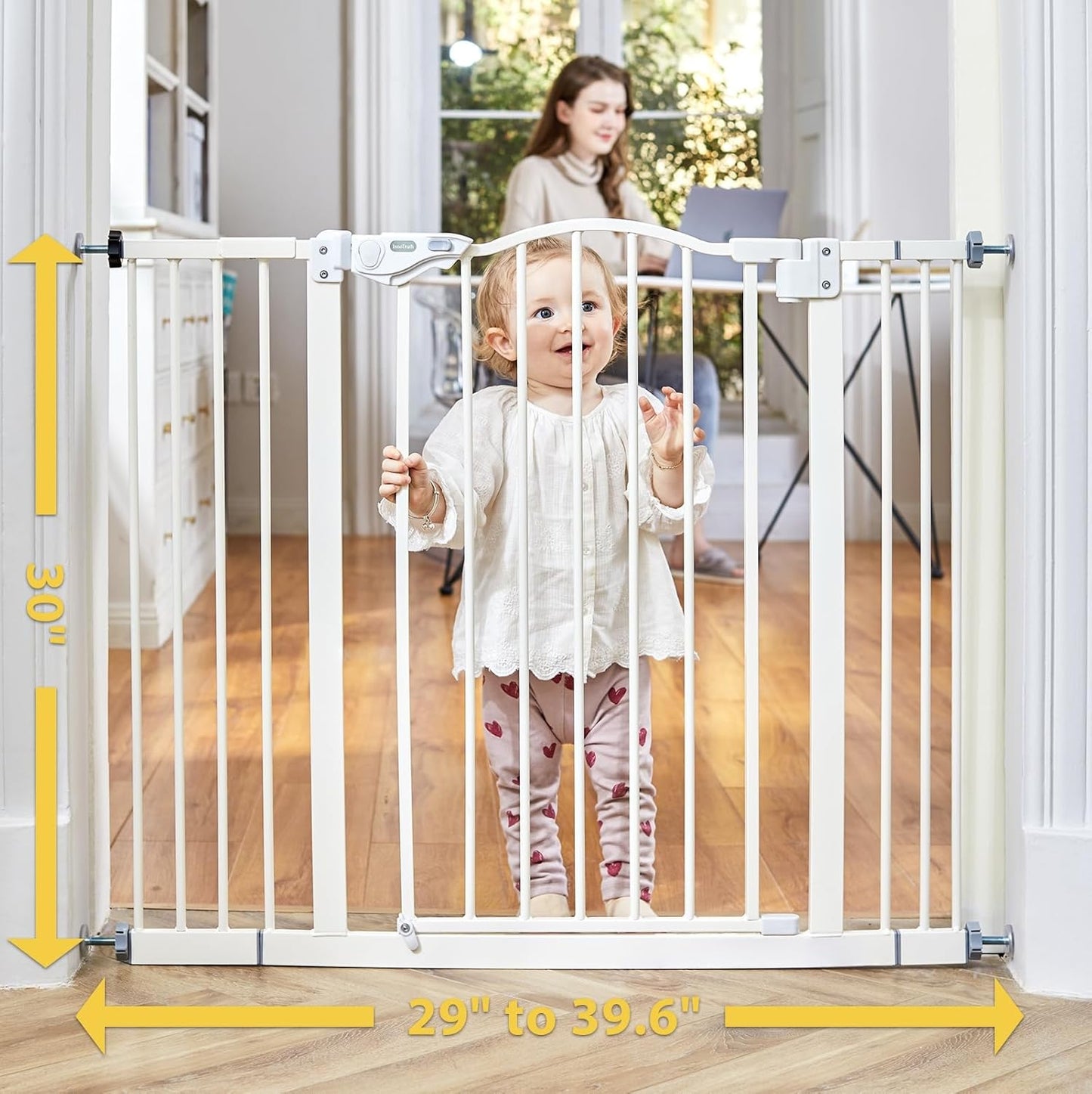 Versatile 29-39.6" Auto Close Baby & Pet Gate - 30" Tall Safety Gate for Stairs, Hallways & Bedrooms, Easy One-Hand Operation, No Drill Installation, Stylish White Finish