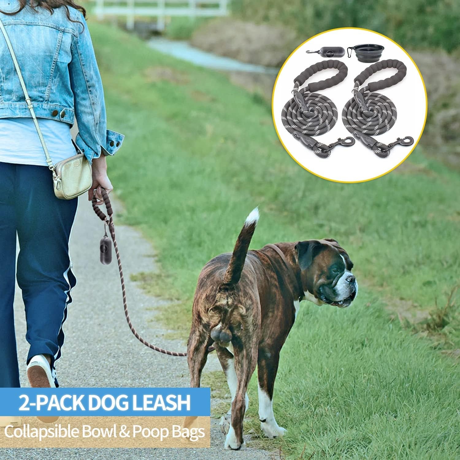 2-Pack 5/6 FT Premium Dog Leash Set with Padded Handle and Reflective Threads - Perfect for All Dog Sizes (Black & Black)