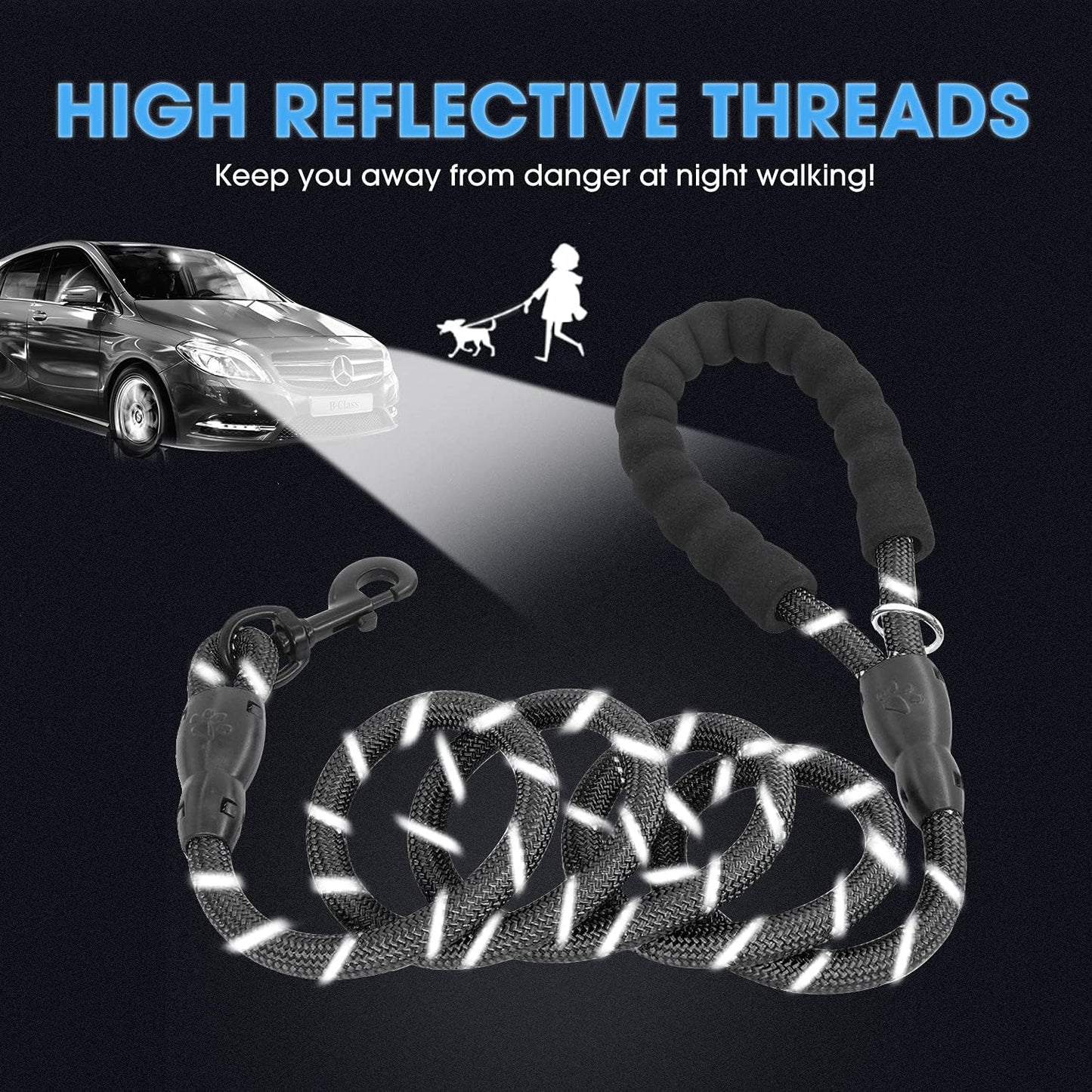 2-Pack 5/6 FT Premium Dog Leash Set with Padded Handle and Reflective Threads - Perfect for All Dog Sizes (Black & Black)