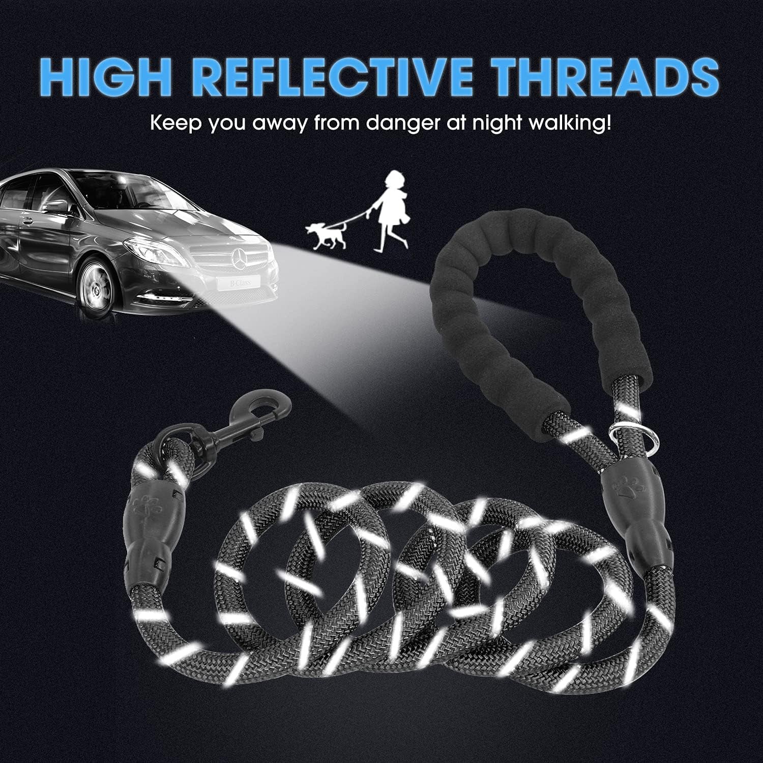 2-Pack 5/6 FT Premium Dog Leash Set with Padded Handle and Reflective Threads - Perfect for All Dog Sizes (Black & Black)