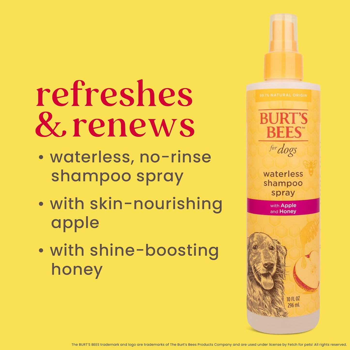 Fresh & Clean Waterless Dog Shampoo Spray - Apple & Honey - 99.1% Natural Formula - Gentle Dry Shampoo for Dogs - 10 Oz